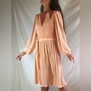 70s Vintage Self Pleated Color Block Peach Dress